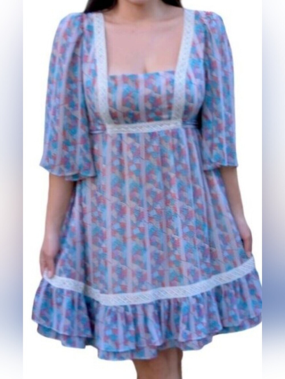 Vintage 2008 Y2K baby doll boho Prairie Peasant crochet ruffle dress Milkmaid